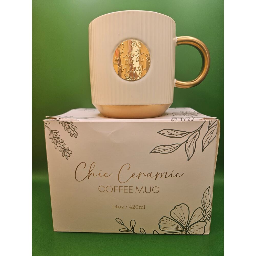 New inbox chic ceramic coffee mug 14 oz cream gold 1 lb
